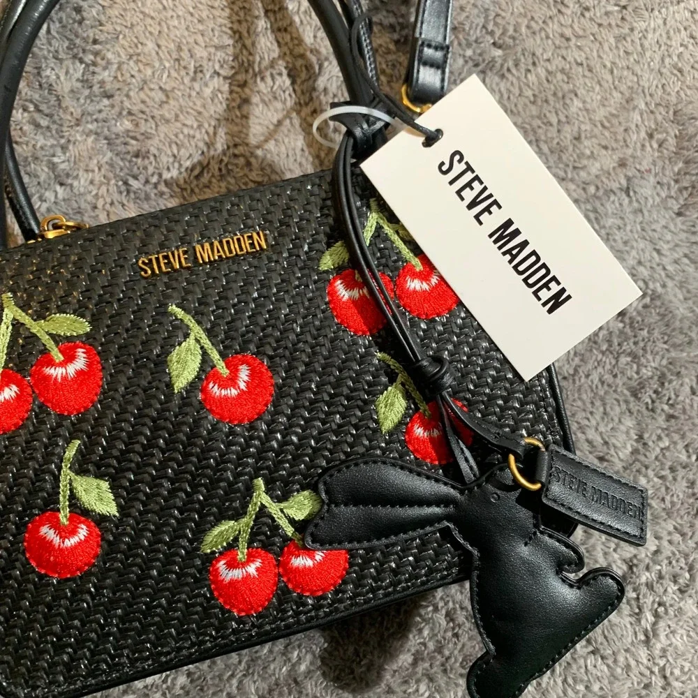 Steve Madden BCYAN Black Woven Cherry Embroidered Crossbody Bag New NWT DT627385